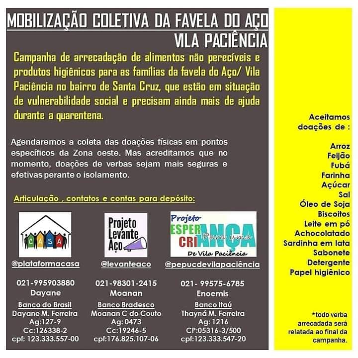Nossa meta é prosseguir auxiliando as famílias já mapeadas e alcançar mais pessoas com nosso apoio. Estamos nos encaminhando pro quarto período e fechando o terceiro mês de Mobilização.

Continue nos apoiando! Doe! Compartilhe! 👊🏽👊🏽

#COVIDNASFAVELAS
#AÇOEMQUARENTENA