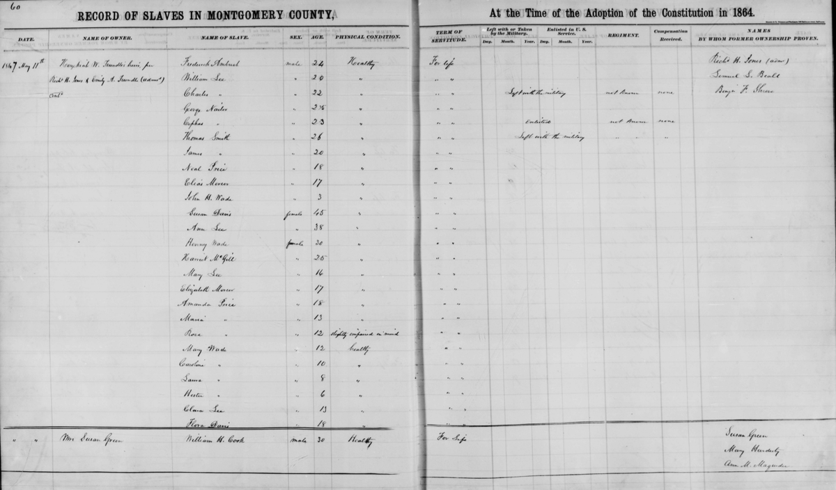 This is a slave record for Frederick (24), for ownership by a man named Hezekiah Trundle. The date handwritten on the left is 1867. Frederick's wife, Sarah Ellen Jackson, had also been a slave. Their son, Joseph, was my great-great grandfather.