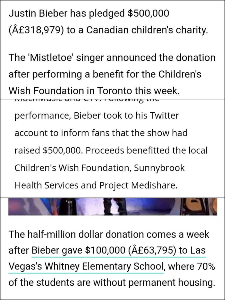 Ever since his first tour, Justin has been donating a dollar from every ticket sold to charity. He donated over $5 million that way. Also his album Under the Mistletoe and song Pray donated portion of sales to charity, as well as his perfume Someday.