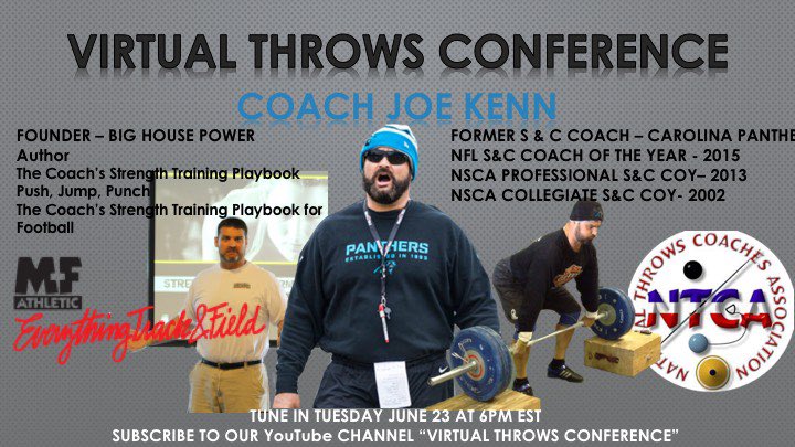 Tuesday, June 23, 6:00PM EST - FREE Virtual Throws Conf. featuring Big House Power &amp; Veteran NFL S&amp;C Coach Joe Kenn! Sponsored by <a href="/EverythingTF/">EverythingTF</a>, presented by <a href="/nationalthrows/">National Throws</a>, &amp; hosted by <a href="/bgruv/">brandon gruver</a>
RETWEET for chance to win $50 gift card from M-F Athletic.
youtube.com/channel/UCuBOF…