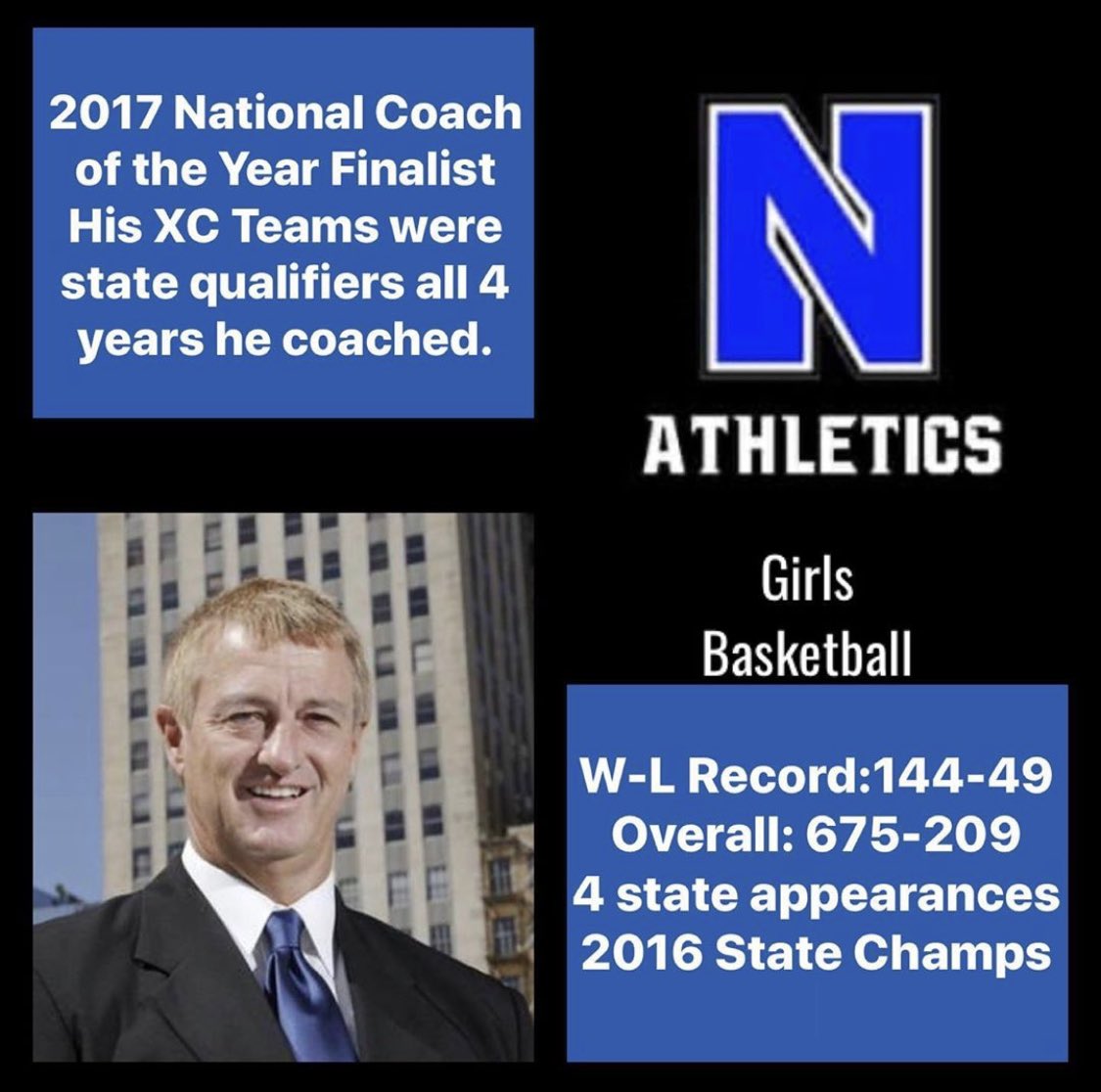Coach Brett Sanders, Girls Basketball Coach, has had great success while at Newcastle High School.  Coach Sanders, we thank you for your dedication and memories! You will be missed! Once a family member, always a family member! 🏁💙🏁