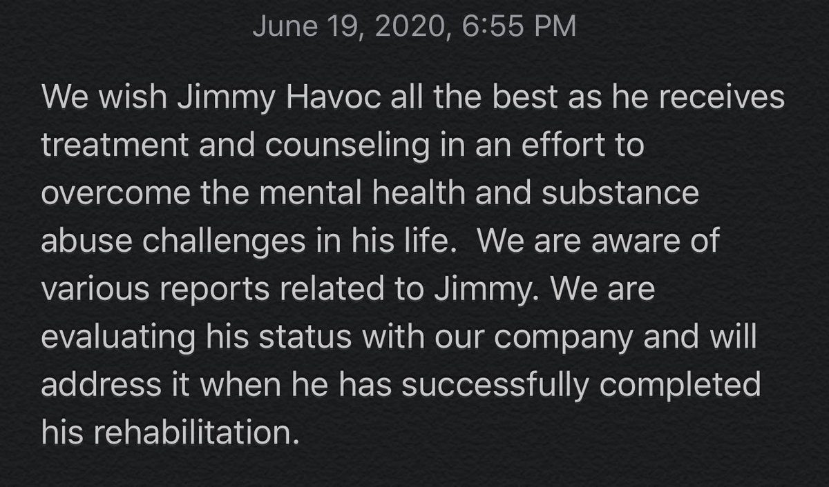 We wish Jimmy Havoc all the best as he receives treatment and counseling in an effort to overcome the mental health and substance abuse challenges in his life.