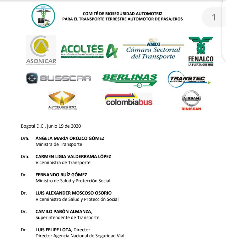 Bajo coordinación de <a href="/asonicar/">Gremio carrocero</a> junto con <a href="/FenalcoNacional/">Fenalco Nacional</a> <a href="/Acoltes/">ACOLTÉS</a> <a href="/ANDI_Colombia/">ANDI</a> Busscar  <a href="/Berlinasdelfonc/">Berlinas Del Fonce</a> <a href="/transtecltda/">Transtecltda</a> y <a href="/Colombiabus/">autobuses de Colombia</a> representando a más de 100 empresas, se radicó hoy a <a href="/MinTransporteCo/">MinTransporte</a> propuesta para reactivación segura del transporte terrestre de pasajeros