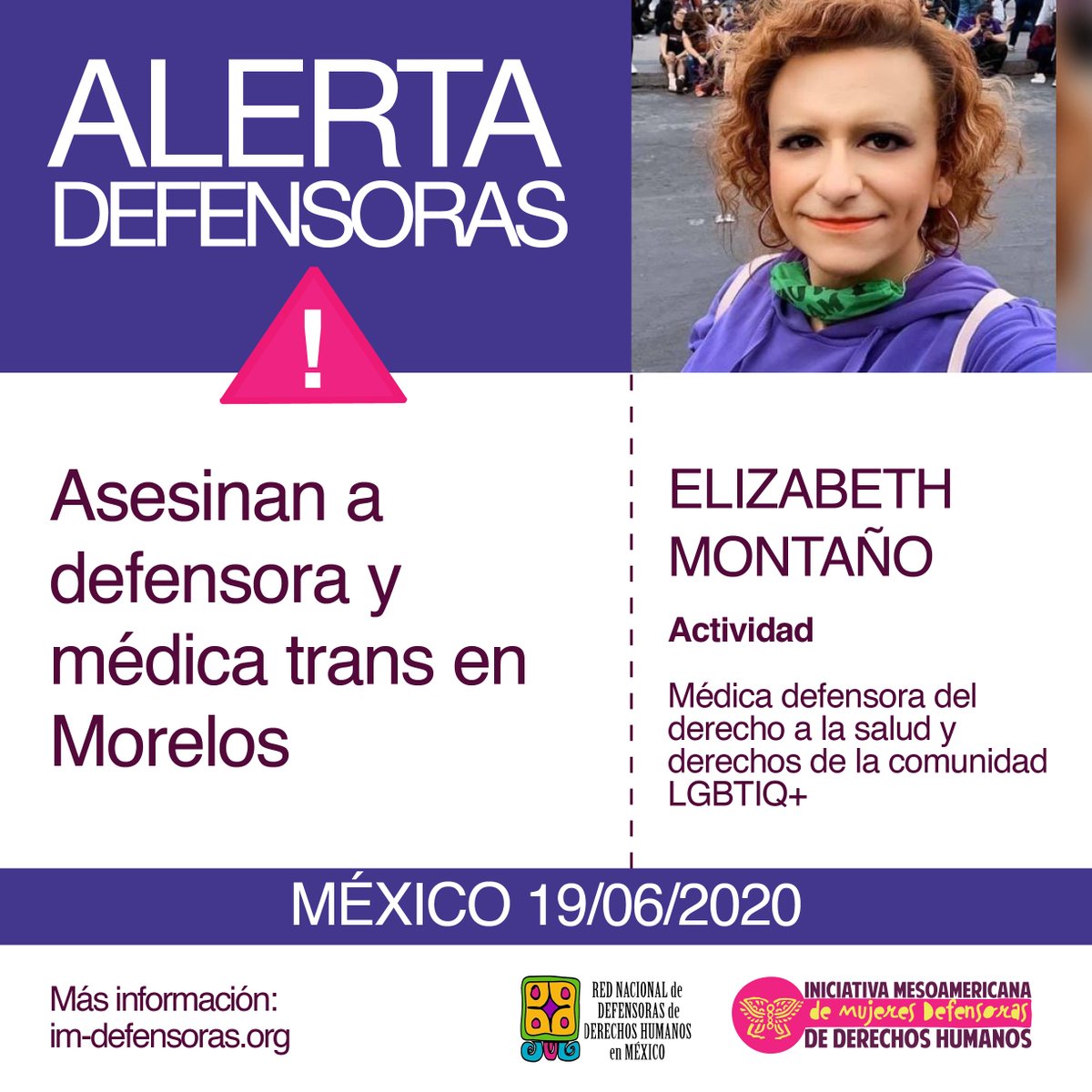 IM_Defensoras's tweet photo. 📢🚨🆘 #AlertaDefensoras MÉXICO / Asesinan a la defensora y médica trans Elizabeth Montaño

📌 Más información ➡️ https://t.co/ThryGZavJm https://t.co/XCNjgppad4