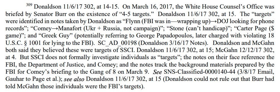 I had ENTIRELY forgotten that Senator Burr--the Chairman of the Senate Intelligence Committee in charge of his own Russia investigation--told the White House Counsel's Office who the Mueller probes targets were. Only "Stone (can't handicap)" was previously redacted here.