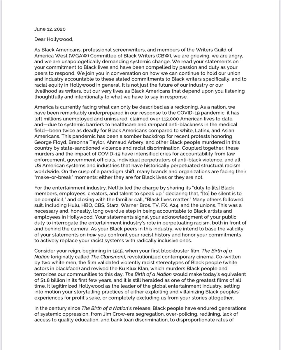 A more substantive response from the WGA would go a long way towards showing solidarity & support for Black members. I urge the Guild to sign onto the Committee of Black Writers letter Hollywood & to take steps to hold studios & producers accountable for making real change. 4/