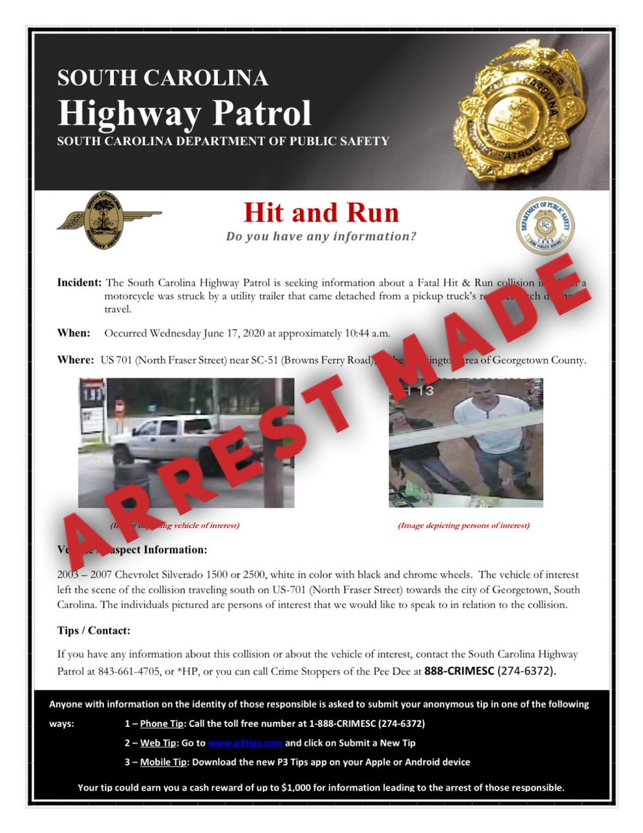 SCHP_Troop5's tweet photo. The South Carolina Highway Patrol made an arrest today in the June 17th hit and run collision that occurred on US 701 near S.C. 51. https://t.co/wGI1c2zwCl