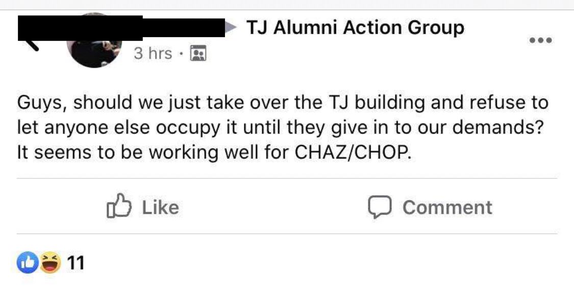 Dear  @FairfaxCountyPD  @fcpsnews  @FCPSSupt  @RalphNortham  @VASecofEdu: Here is the call to action pondered this week by “TJ Alumni Action Group” — “...should we just take over the TJ building and refuse to let anyone else occupy it...? It seems to be working well for CHAZ/CHOP.”