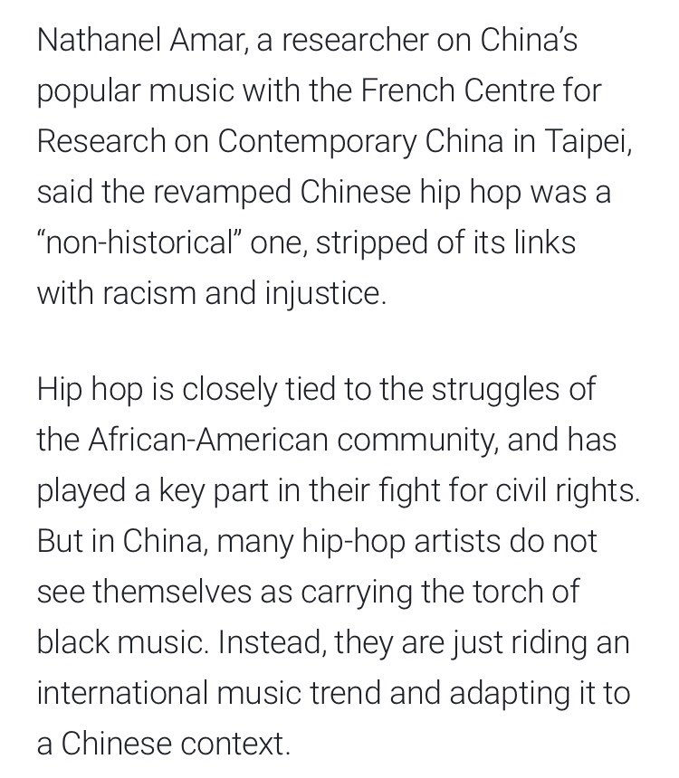 The transformation of hip hop into something “non-historical” in China is an act that erases Black people and Black history, pure and simple. Wish there were more reflection among Chinese rappers — who actively profit from this erasure — on the role they’re playing here.