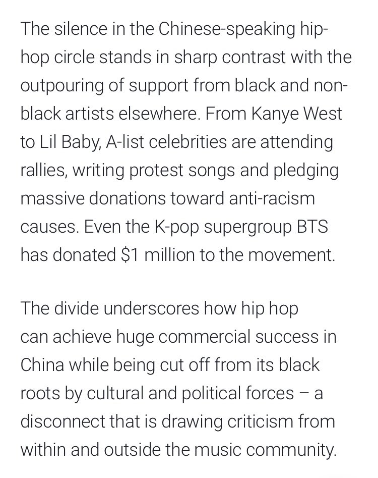 Also interesting how in China, the few hip-hop artists voicing support for Black Lives Matter are the lesser-known ones, as  @violazhouyi writes. Meanwhile, in South Korea, even wildly successful K-pop groups like BTS are showing support for the movement against anti-Black racism.