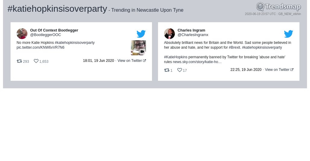 #katiehopkinsisoverparty is now trending in #NewcastleUponTyne

trendsmap.com/r/GB_NEW_xtkhin