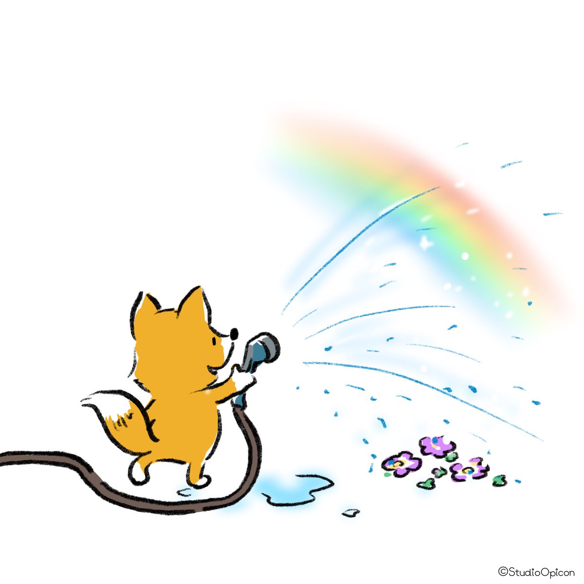Studioopicon 虹できたよ イラスト キャラクター 虹 キツネ 水やり 虹をつくろう 虹見つけた 動物イラスト 和み系キャラ ゆるいイラスト Illustration Character Makearainbow Findarainbow Rainbow Watering Fox