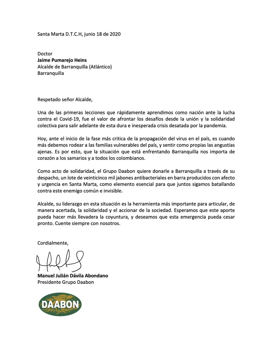 Sr. Alcalde y Sra. <a href="/jaimepumarejo/">Jaime Pumarejo</a> <a href="/SilvanapuelloV/">Silvana Puello Visbal</a>, el Grupo Daabon se suma a los esfuerzos que vienen liderando ustedes contra el Covid-19 en Barranquilla con una donación de 25.000 jabones antibacteriales, hechos en Santa Marta con afecto para ayudar en esta lucha.