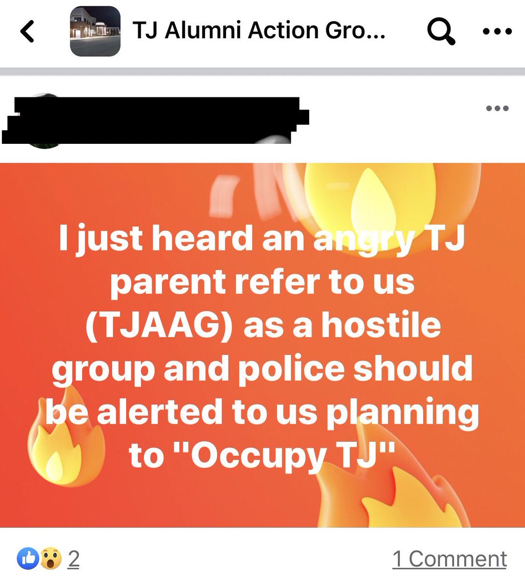 After I spoke up today & exposed “TJ Alumni Action Group” and their scheming to Occupy TJ, they didn’t respond by shutting down such a violent plan but rather to try to shame me as an “angry parent.” Yes, I’m angry. And so should  @GovernorVA  @FCPSSupt. Please protect children.