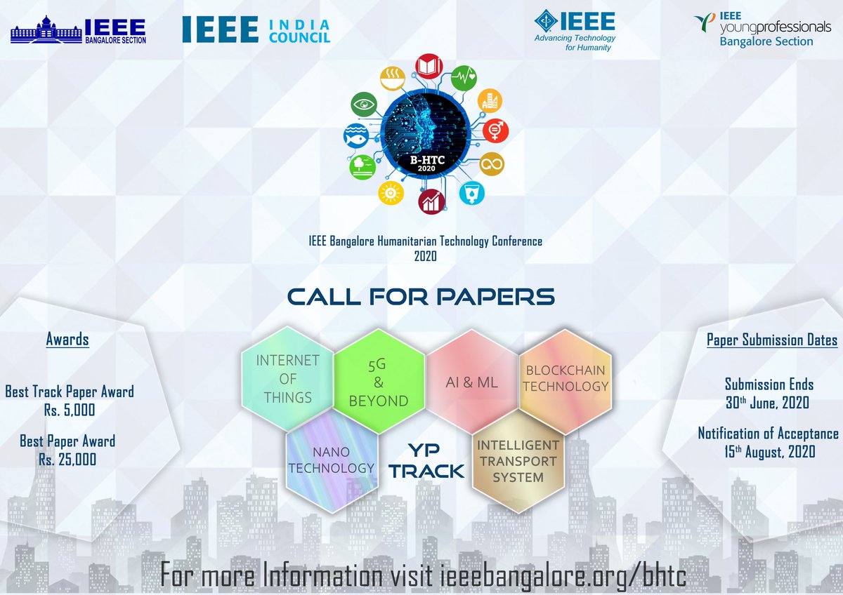 Early Submission Advantage : June 1-June 22 ; 30% Discount
Last date for Paper Submission: June 30, 2020
Notification of Acceptance:  August 15, 2020

We look forward to your submissions & active participation at the conference!

#ieee #ieeebangaloresection #ieeeyp #indiacouncil