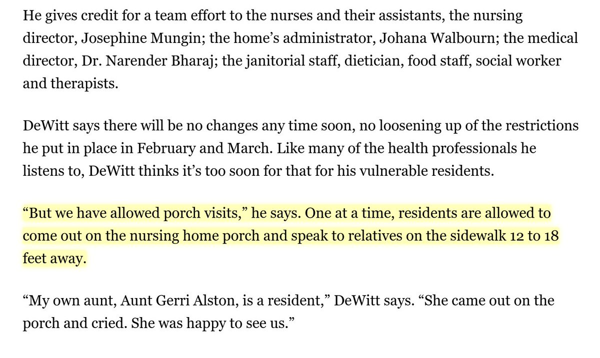 And now they're allowing for distanced porch visits, the sanest way to make sure the elderly have human contact, something essential, during the pandemic. We would all be better off if Revered Derrick Dewitt ran the US pandemic response from day one.