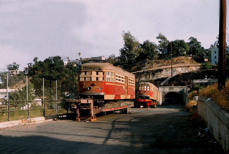 Post-1955, the  #PacificElectric tunnel became temporary storage for the PCC cars before they were sold to Buenos Aires, Argentina. It also became a cold war-era Civil Defense shelter. In the '70s it was permanently cut to build the foundation of the Westin Bonaventure Hotel.