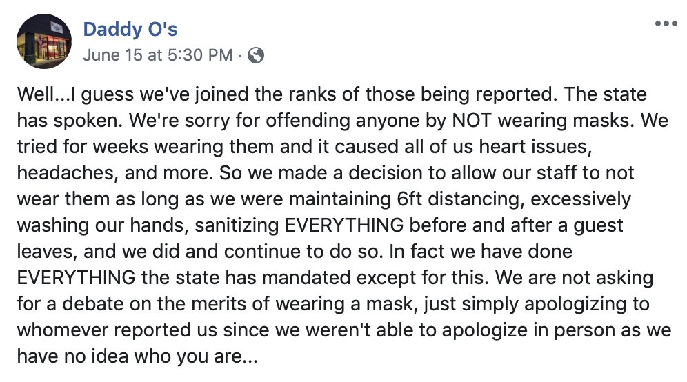 ConsciousPixie's tweet photo. A well-loved restaurant in Oxford, ME got cited by the state for not requiring employees to wear masks. The owner made the decision because everyone who worked there was experiencing health distress ranging from heart problems to migraines and fatigue. #ReOpenMaine #DefundJanet https://t.co/z6MZnpo5F1