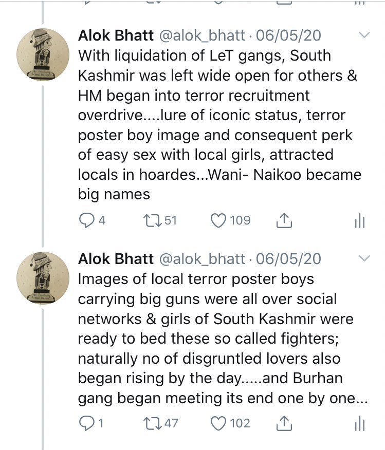 Sexual crimes by terrorists are on the rise. I had tweeted last month and Indian media carried some reports recently around this fact only  https://twitter.com/alok_bhatt/status/1257967306531012608?s=21 It was girls that led to Burhan being sent upstairs- btw his anniversary is coming & I will write a thread on that  https://twitter.com/alok_bhatt/status/1257967306531012608