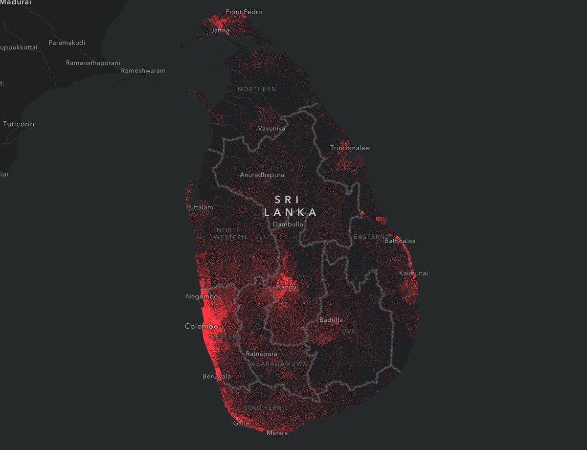kekenes's tweet image. Population density of Sri Lanka. 1 dot = 800 people. Created with GeoJSON in #esrijs @ArcGISJSAPI #dataviz #cartography #GIS #mapping #SriLanka