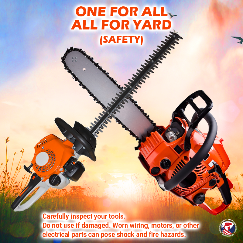 A hedge trimmer and chainsaw crossing blades. The text reads - one for all, all for yard (safety). Carefully inspect your tools. Do not use if damaged. Worn wiring, motors, or other electrical parts can pose shock and fire hazards.