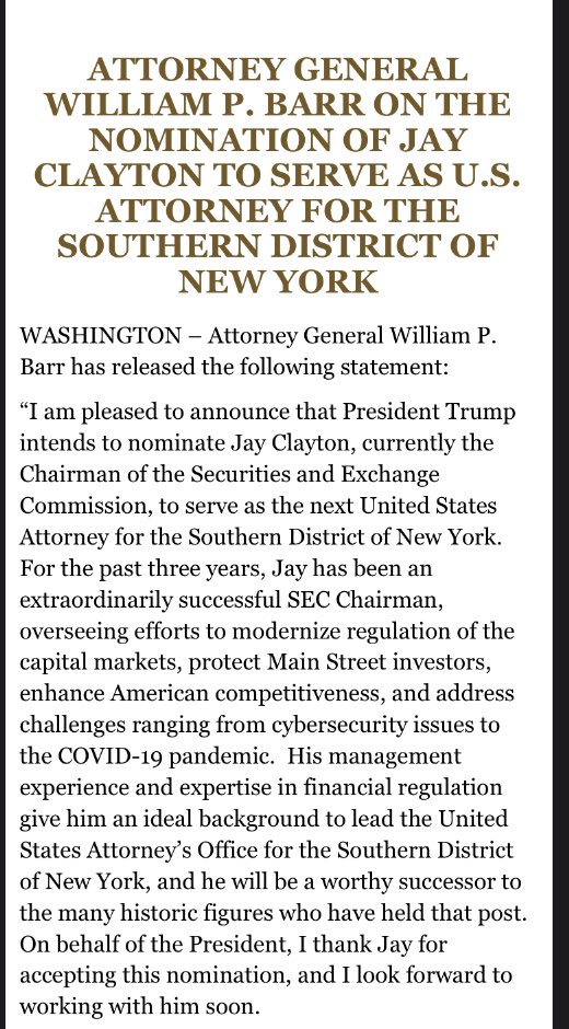 INBOX: Trump to nominate the chairman of the SEC as the new U.S. attorney for SDNY.