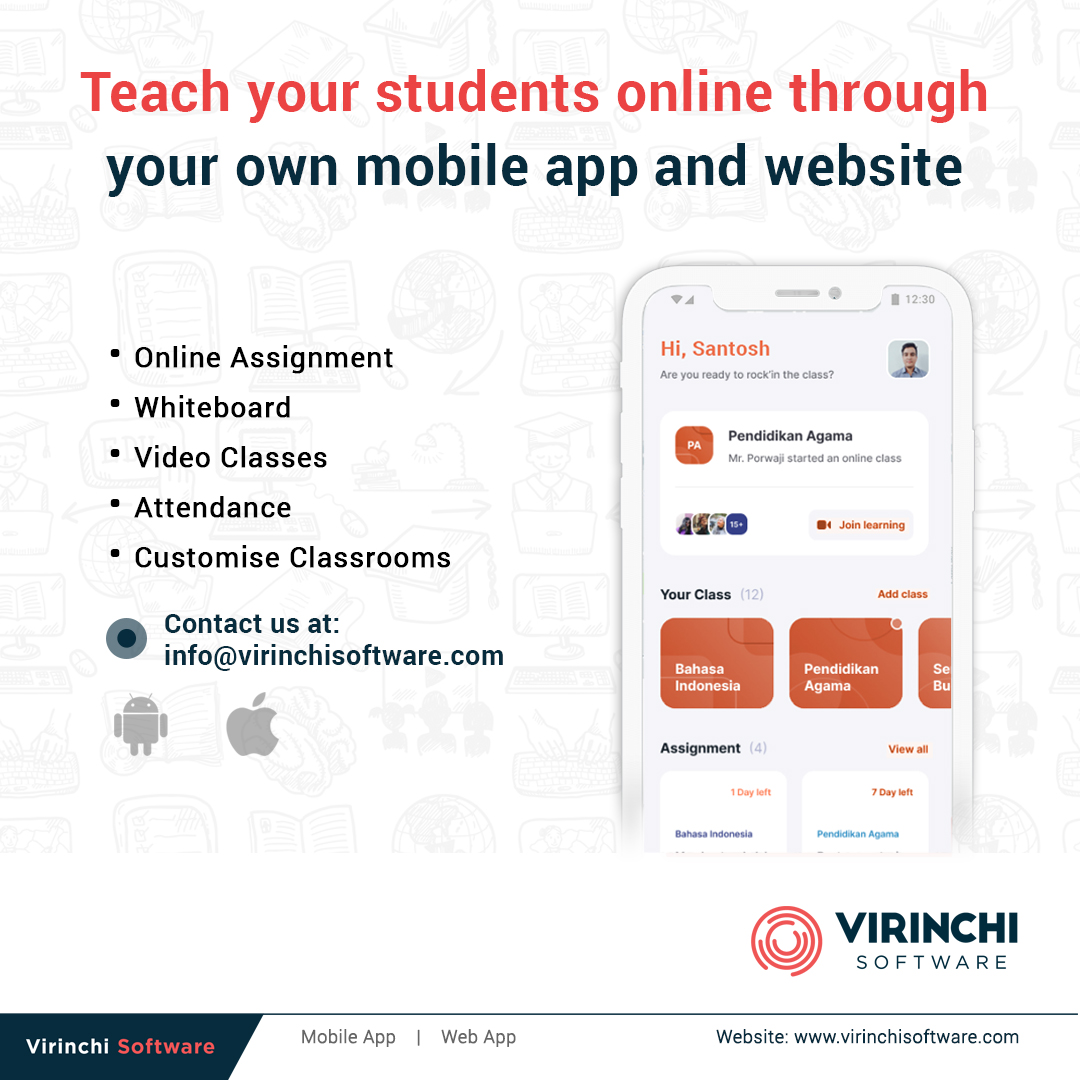 Teach your students online through your own mobile app and website
👉 Online Assignment 
👉 Whiteboard
👉 Video Classes 
👉 Attendance 
👉 Customize Classrooms
👉 Contact us at info@virinchisoftware.com
👉 virinchisoftware.com/e-learning-sol…
#E_Learning #e_LearningSolutions #OnlineAssignment