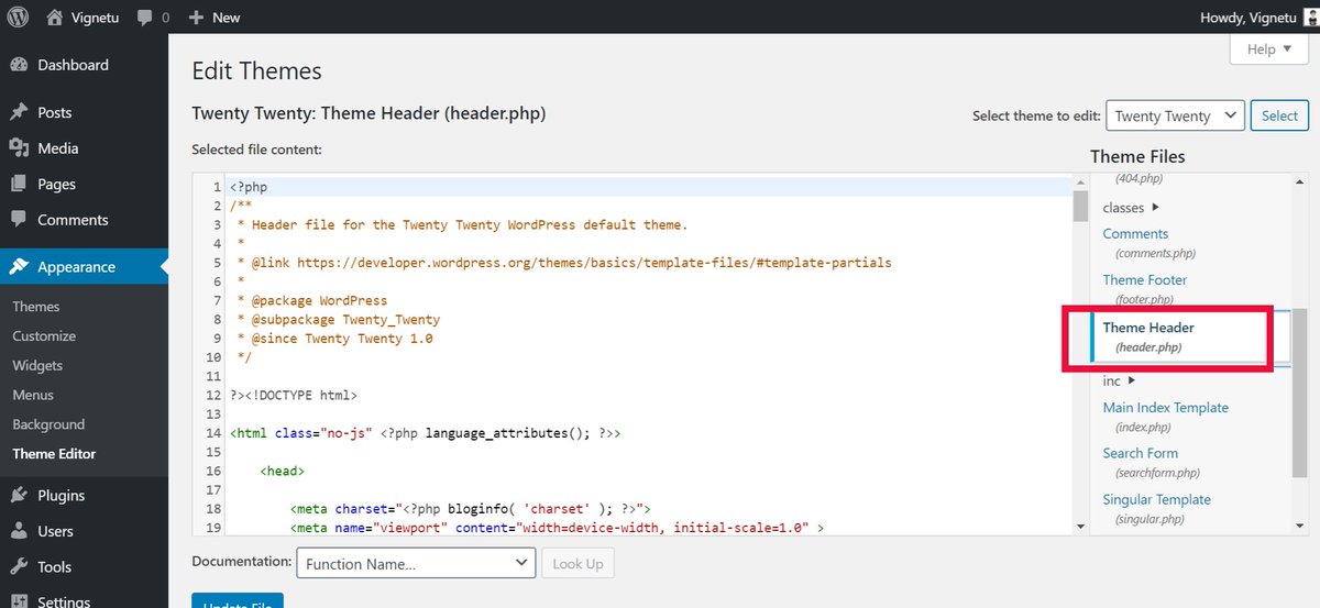 45. Kamu akan dibawa ke core-file theme yg kamu gunakan. Bagi yg belum familiar, jangan panik dulu. Cari file header.php (Theme header) di sebelah kiri >> klik di situ.