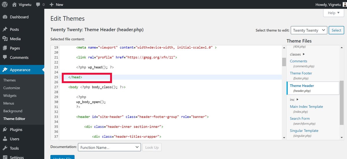 47. Scroll dikit di header.php, kamu akan ketemu HTML tag </head>Ingat ya, </head> BUKAN </header>.