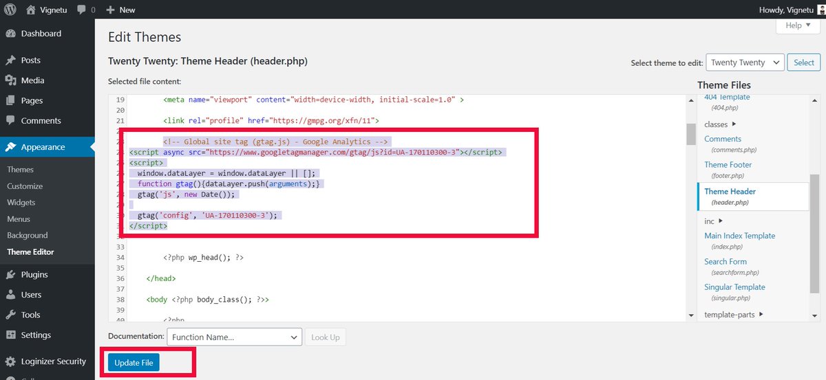 48. Paste global site tag dari GA tadi DI ATAS <?php wp_head(); ?>. Lalu >> update file.