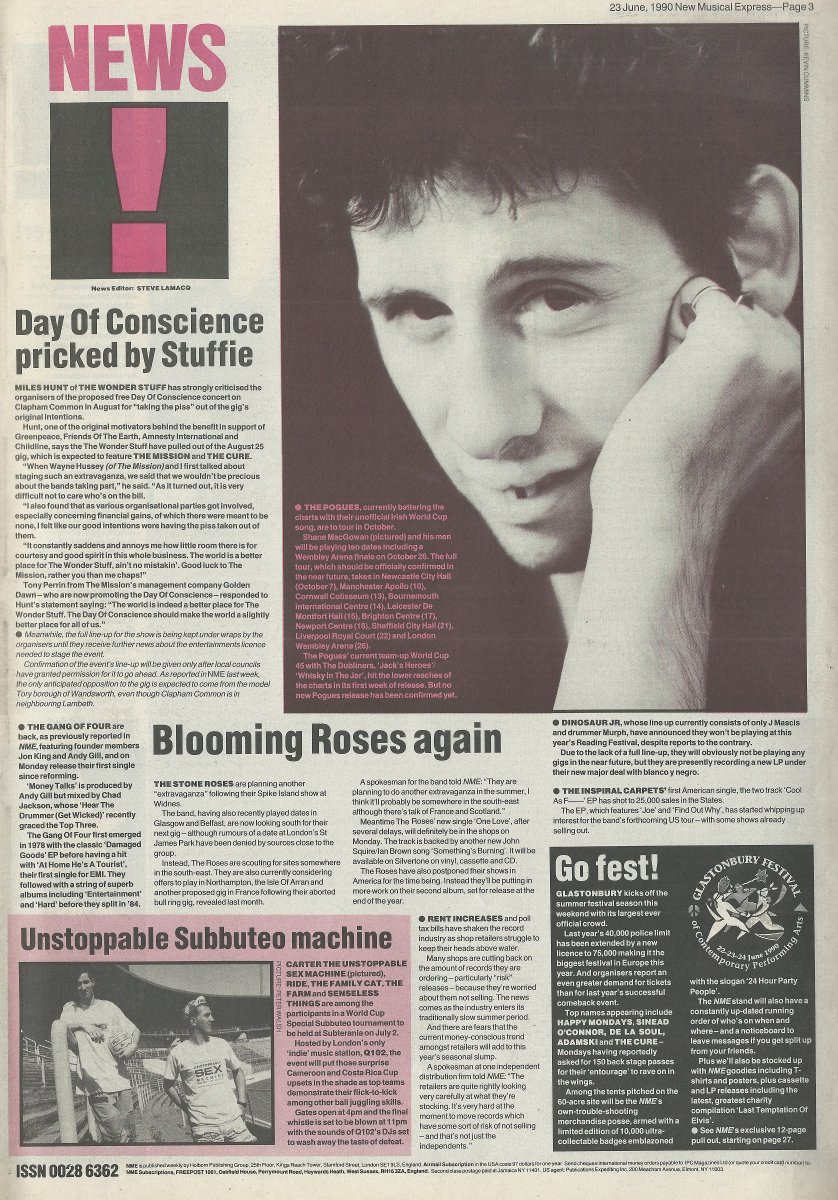 ...in the Page 3 news details Pogues tour dates, a new Gang Of Four single, a Subbuteo tournament with Carter, The Family Cat and Ride et al, unfulfilled rumours of a new Stone Roses gig and Happy Mondays request for 150 backstage passes for Glastonbury :)