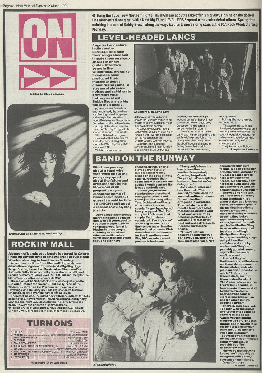 ...and in Steve Lamacq's ON>> page that week the first NME coverage of a band who made one of my favourite singles of 1990. The High are also featured and there are also details of that year's Irn-Bru Rock Week gigs at the ICA.