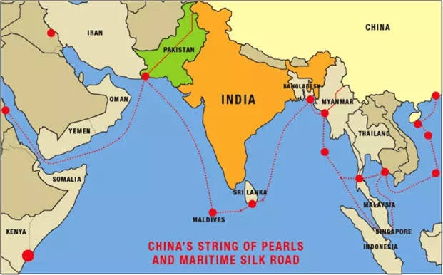 INDIA VS CHINA:-******************way Forward by India:-3) India needs to break the string of pearl which is a well known concept of china to surround India from all the sides in sea by installing its naval bases and army in sea islands and surrounding countries (see image)