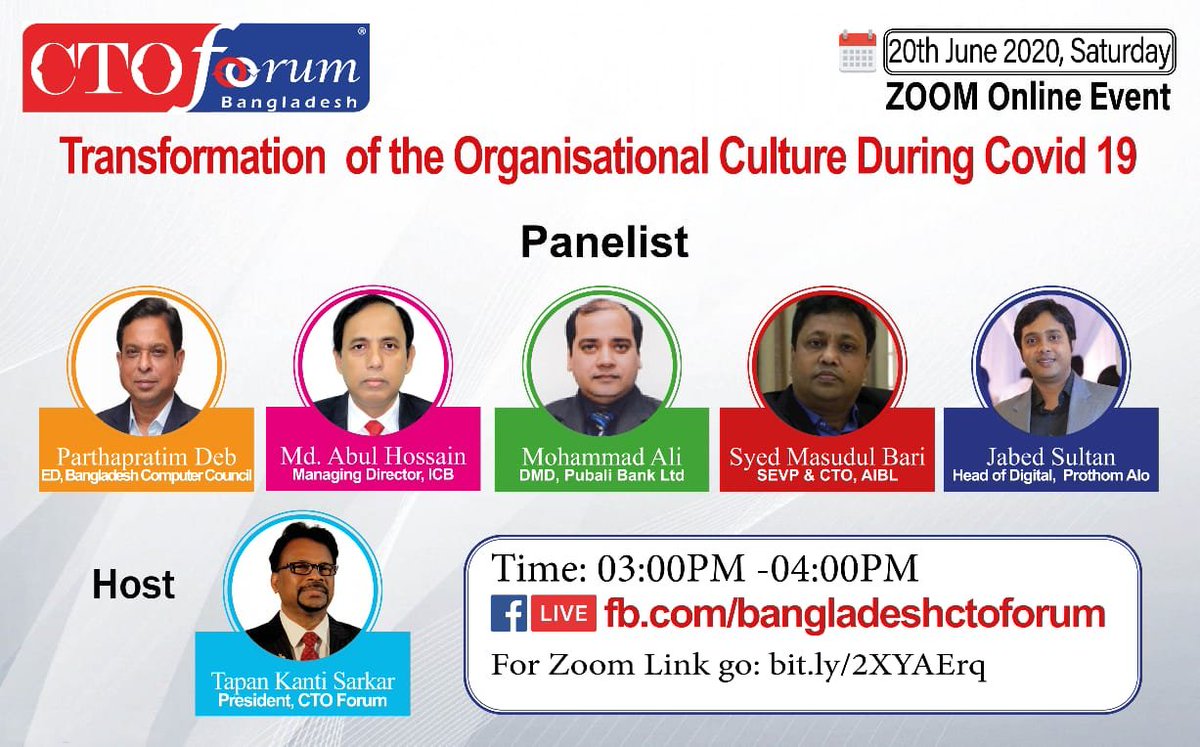 TODAY (June 20): A very interesting session by #Bangladesh industry personalities on "Transforming during #COVID19 ". Log in to ZOOM : bit.ly/2zSqRKw . 
Bookmark the <a href="/CTOForumBD/">CTO Forum Bangladesh</a> for all actions. 
#transformation #CTO #CIO