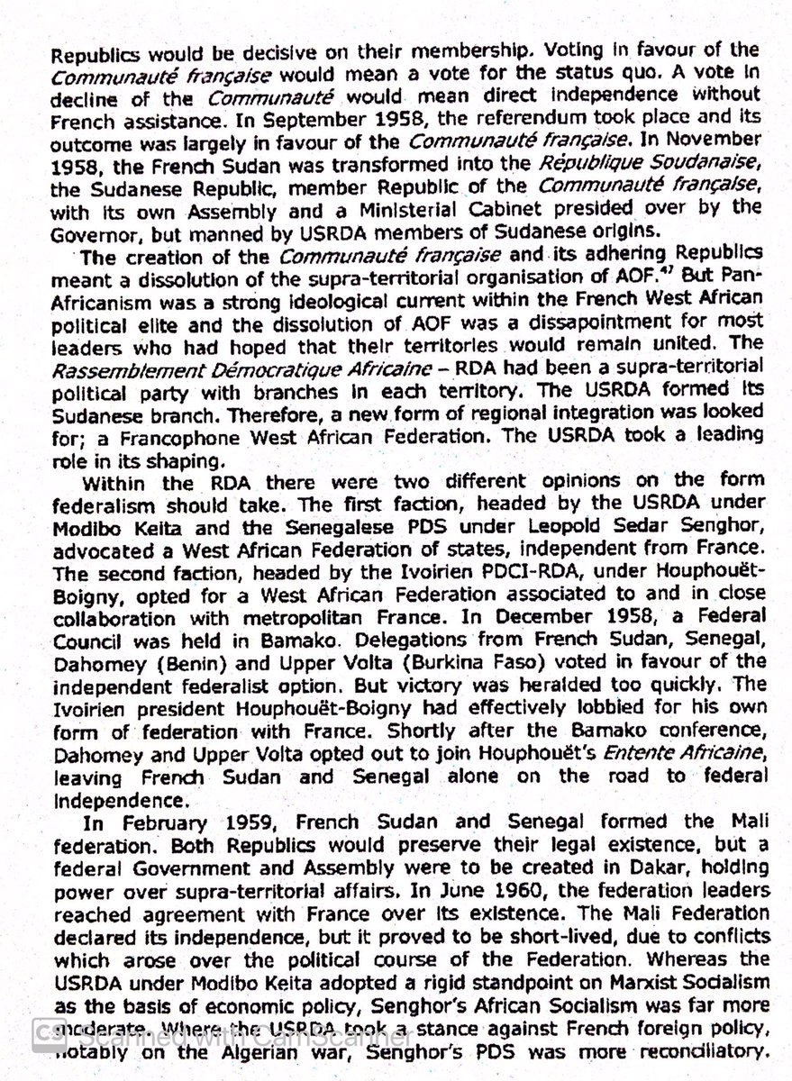 Postwar French West Africa & attempts to preserve the empire in various forms, elite support for pan-Africanism, & the fracturing of the various federal entities into new independent states, Mali amongst them.