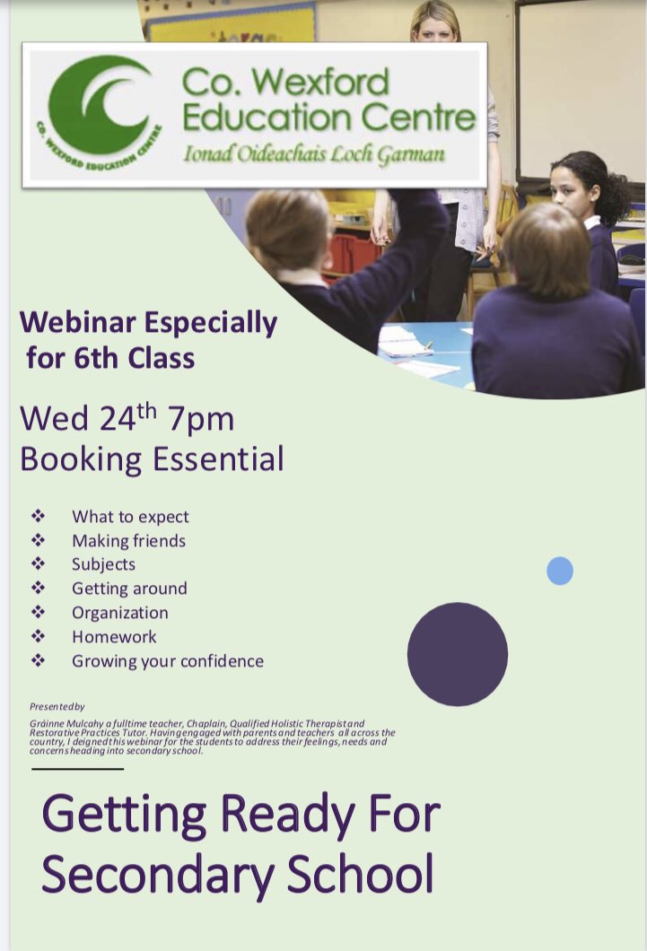 WEBINAR -  Preparing Sixth Class Students for Secondary School  on June 24th at 7pm. 6th Class pupils welcome to attend. Click here to book. ecwexford.ie/cpd-courses/pa…