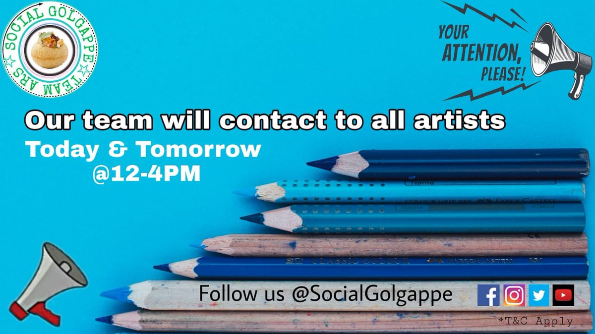 SocialGolgappe's tweet photo. 📣Attention Please
Our team will contact to all artists today & Tomorrow @12-4PM.
So, please keep patience and be ready on time.
#updates #artist #Team_ARS #SocialGolgappe #teamarsofficial
Follow us for more updates @SocialGolgappe https://t.co/P0hYy0hjj7