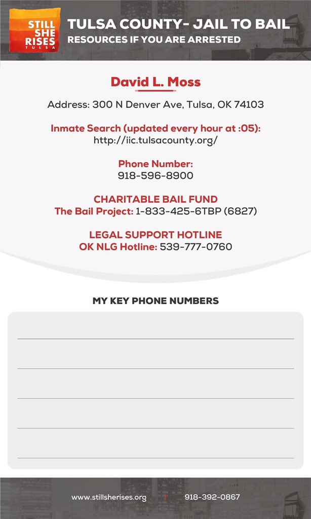 UnifyTulsa's tweet photo. ***JAIL AND BAIL SUPPORT***
Save this information to your phone or write it down on your person. Call the jail support hotline. We have jail support on standby. https://t.co/JbaCxgvqoP