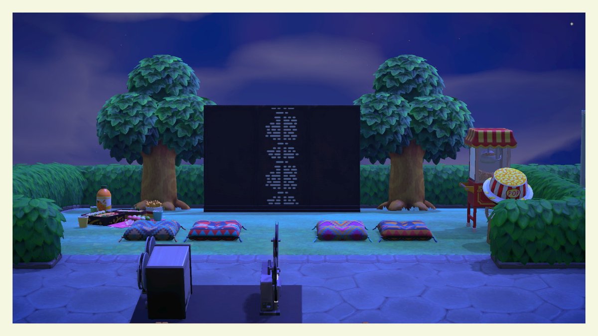 himoonji's tweet photo. Pool area and outdoor movie area complete. <3 #ACNHDesign #AnimalCrossingNewHorizons #AnimalCrossing #ACNH #NintendoSwitch https://t.co/5qblKCgwpg