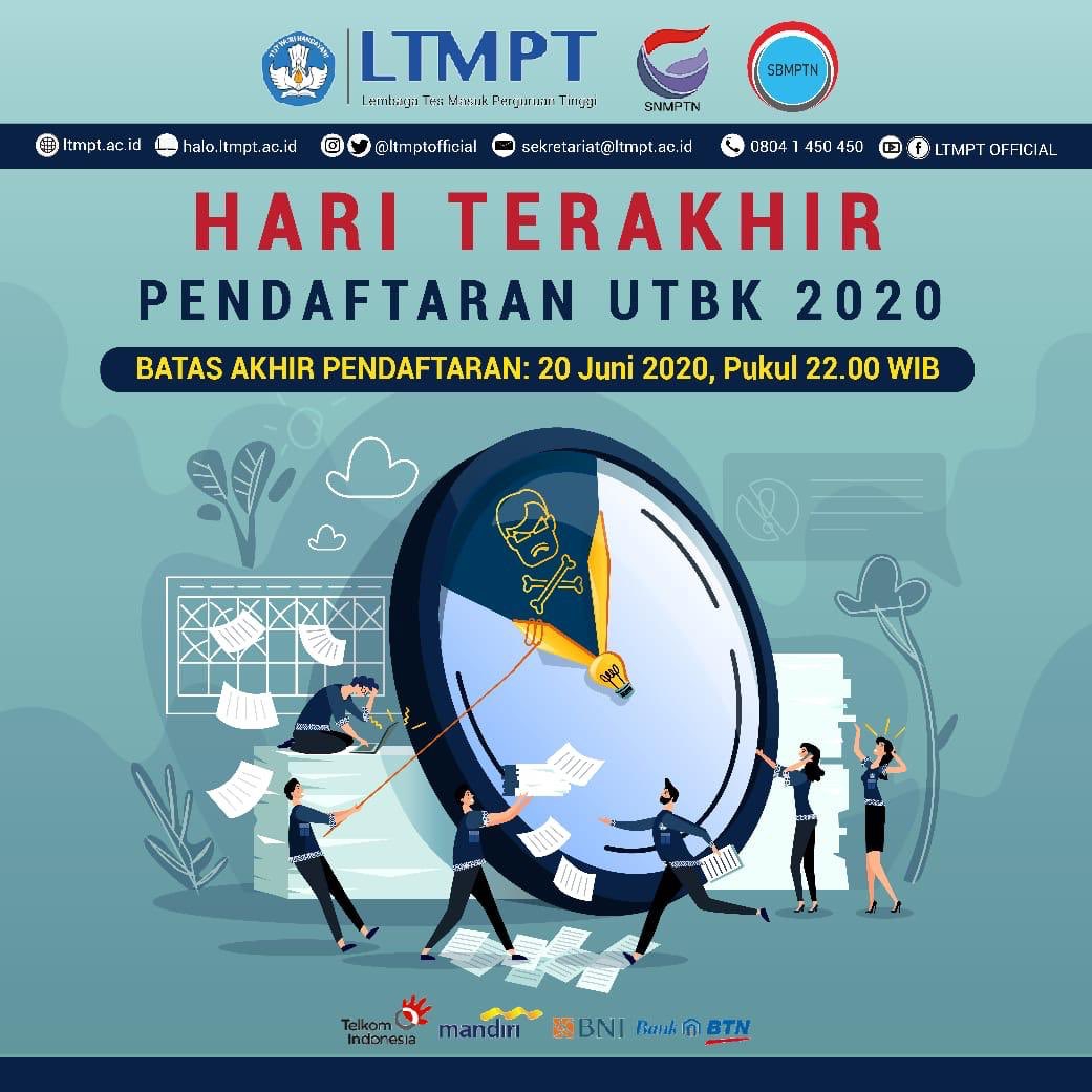 ltmptofficial's tweet photo. Hallo, Calon Mahasiswa Indonesia!

Hari ini adalah hari terakhir bagi siswa untuk mendaftarkan diri sebagai Peserta UTBK - SBMPTN 2020. Pendaftaran akan resmi ditutup pada pukul 22.00 WIB. https://t.co/y8ET2M5qOb