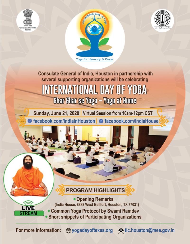 cgihou's tweet photo. We invite you to join us for celebrating the 6th #Internationalyogaday2020   
Please join us for the Virtual session from 10am-12 pm  on Sunday, June 21st.  #GharGharSeYoga on https://t.co/GQZHhpqdwl #अंतरराष्ट्रीययोगदिवस  #योगदिवस  #IDY2020 https://t.co/rTac6d57sD