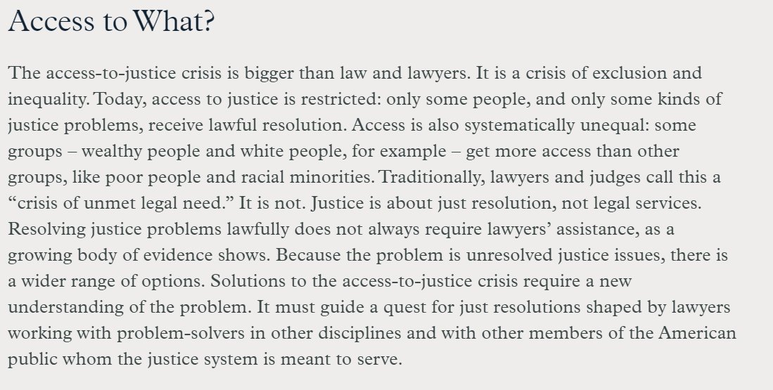PROBLEM COURT Lack of Access to Justice Improve remote access; support pro bono counsel; devise non-judicial means to achieving justice. See https://www.amacad.org/daedalus/access-to-justice and see  https://www.americanbar.org/groups/legal_aid_indigent_defendants/resource_center_for_access_to_justice/