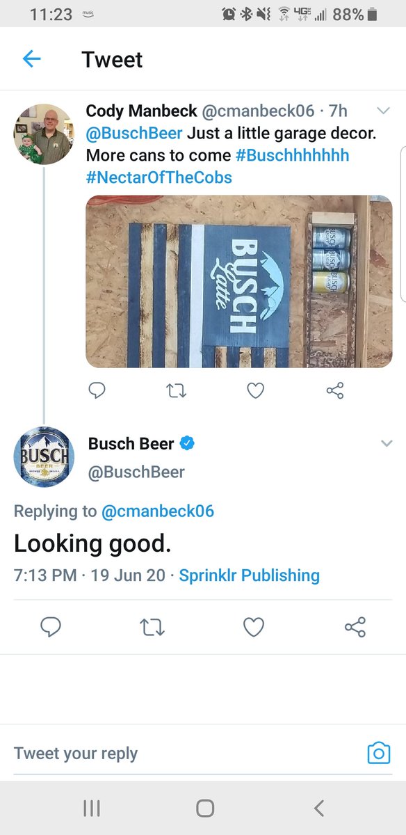 cmanbeck06's tweet photo. When your favorite celebrity tweets back at you twice in a week. My life is complete @BuschBeer #Buschhhhhhh #NectarOfTheGods https://t.co/lNiXKyooWq