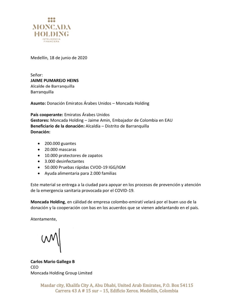 jaimepumarejo's tweet photo. Gran noticia: por gestión de embajador ante Emiratos Árabes, el barranquillero @JaimeAminH, viene en camino donación que incluye 50.000 pruebas rápidas y alimentos para 2.000 familias. En nombre de Barranquilla, un millón de gracias para Jaime, Moncada Holding y gobierno emiratí. https://t.co/6rsHkxyJG8