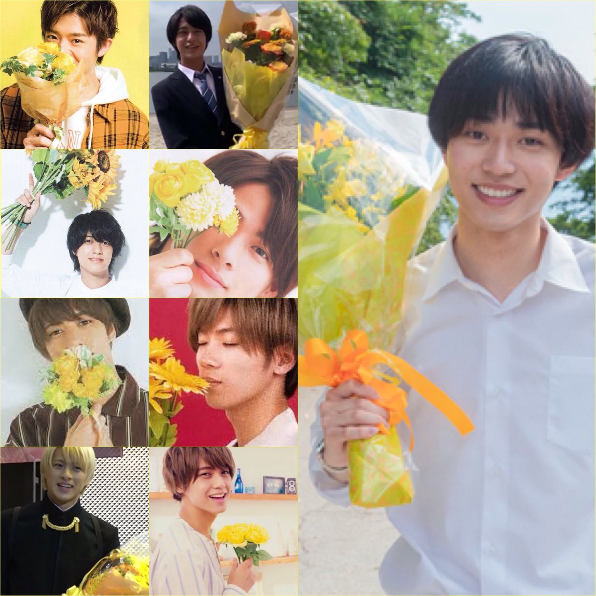 むぅ クランクアップに黄色い花束いただいたれんちゃん きんぷりちゃんと黄色いお花って あかるくって かわいい演出してくれるみたい ˊ ᵕˋ かいちゃんカラーなこともあって かいちゃんと黄色い花のお写真多めね 平野紫耀 永瀬廉 髙橋海人