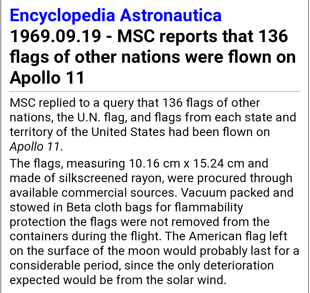 𝗔𝗽𝗼𝗹𝗹𝗼 𝟭𝟭 was the first instance when 136 national flags from across the globe (including India) were first flown onboard to the Moon and back, in July 1969.Source- Encyclopedia Astronautica  https://web.archive.org/web/20121006164759/http://astronautix.com/details/msc18178.htm[In the pic, MSC = Manned Spacecraft Center, Houston]