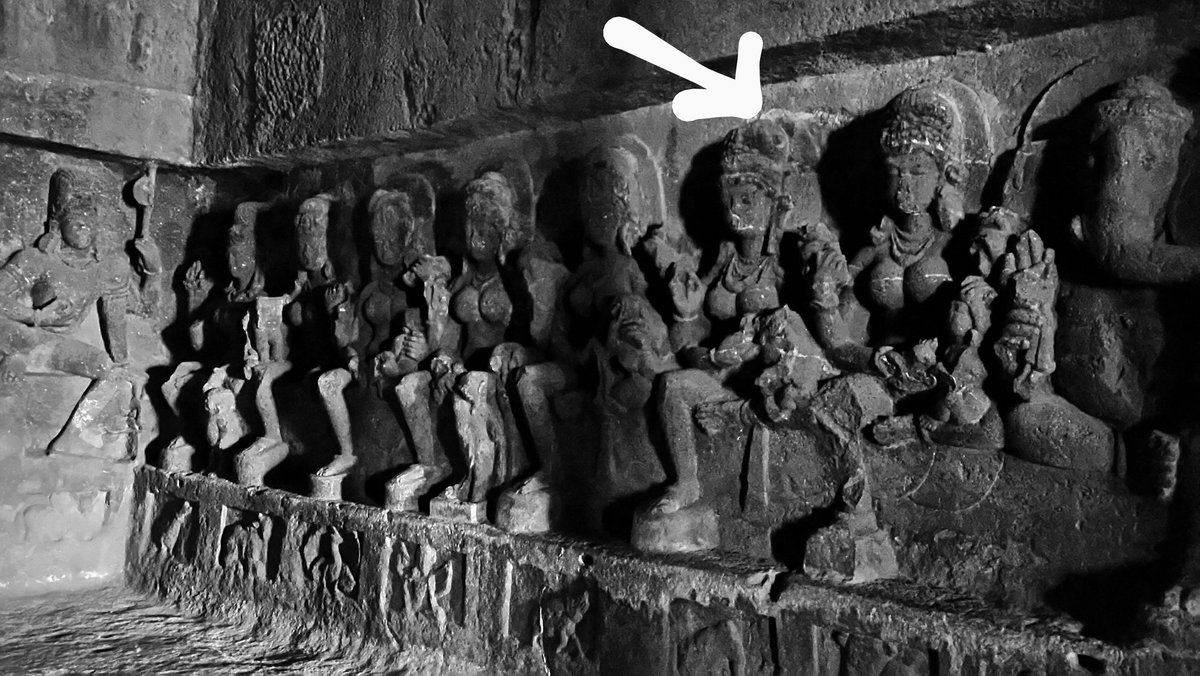 ऐ is for ऐन्द्री. Pic 2. Saptamatrikas, Cave 14, Ellora, 8th/9th century CE. Aindri can be identified by the elephant below her.  #AksharArt  #ArtByTheLetter (3/11)