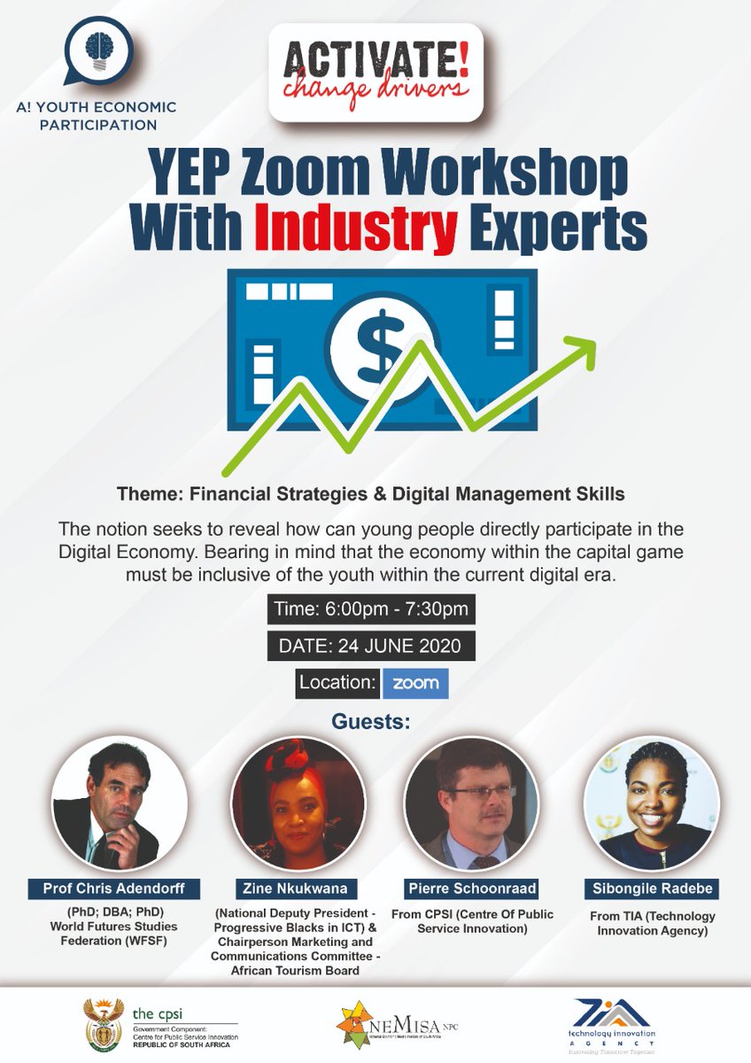 DorothyGithae's tweet photo. "Financial Strategies & Digital Management Skills" How can young people participate in the Digital Economy? WEBINAR 24th June 6pm-7.30pm on ZOOM. SPEAKERS: @ZFour ATB Chair Marketing & National Deputy President #PBICT @wearepbict @ChrisAdendorff @PSchoonraad Simbonglile Radebe https://t.co/VPZzKizmW1