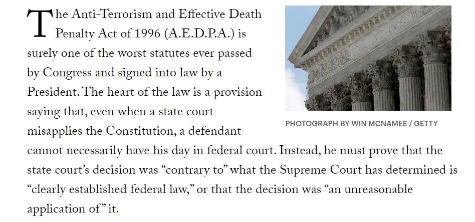 PROBLEM  COURT Anti-Terrorism and Effective Death Penalty Act (AEDPA) limits the ability of federal courts to remediate violations of the Constitution via habeas corpus.  Repeal or revise AEDPA.  See https://www.newyorker.com/news/news-desk/the-destruction-of-defendants-rights and see   https://scholarlycommons.law.case.edu/cgi/viewcontent.cgi?article=4668&context=caselrev