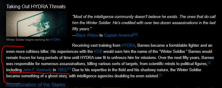 So yeah, it's THIS blatant, they're rubbing the truth in our faces and calling it fiction.The best part?They even parody MKULTRA, and later in the series it is revealed that Captain America's friend had been brainwashed by Hydra to be an assassinHe then went on to kill JFK